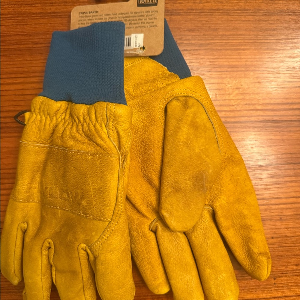 Durable Yellow Leather Work Gloves with Blue Cuffs